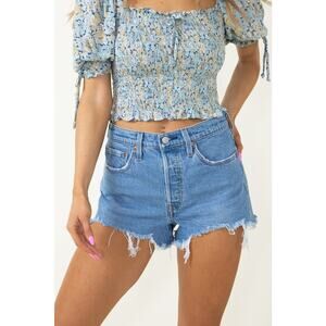 Levi's 501 High-Rise Button Fly Raw Hem Distressed Denim Short Jazz Solo Blue 26